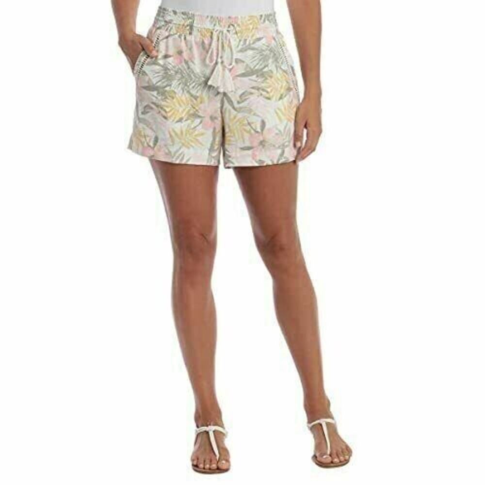 Briggs Women’s Floral Linen Blend Pull On Summer Shorts‎ Size S White Yellow